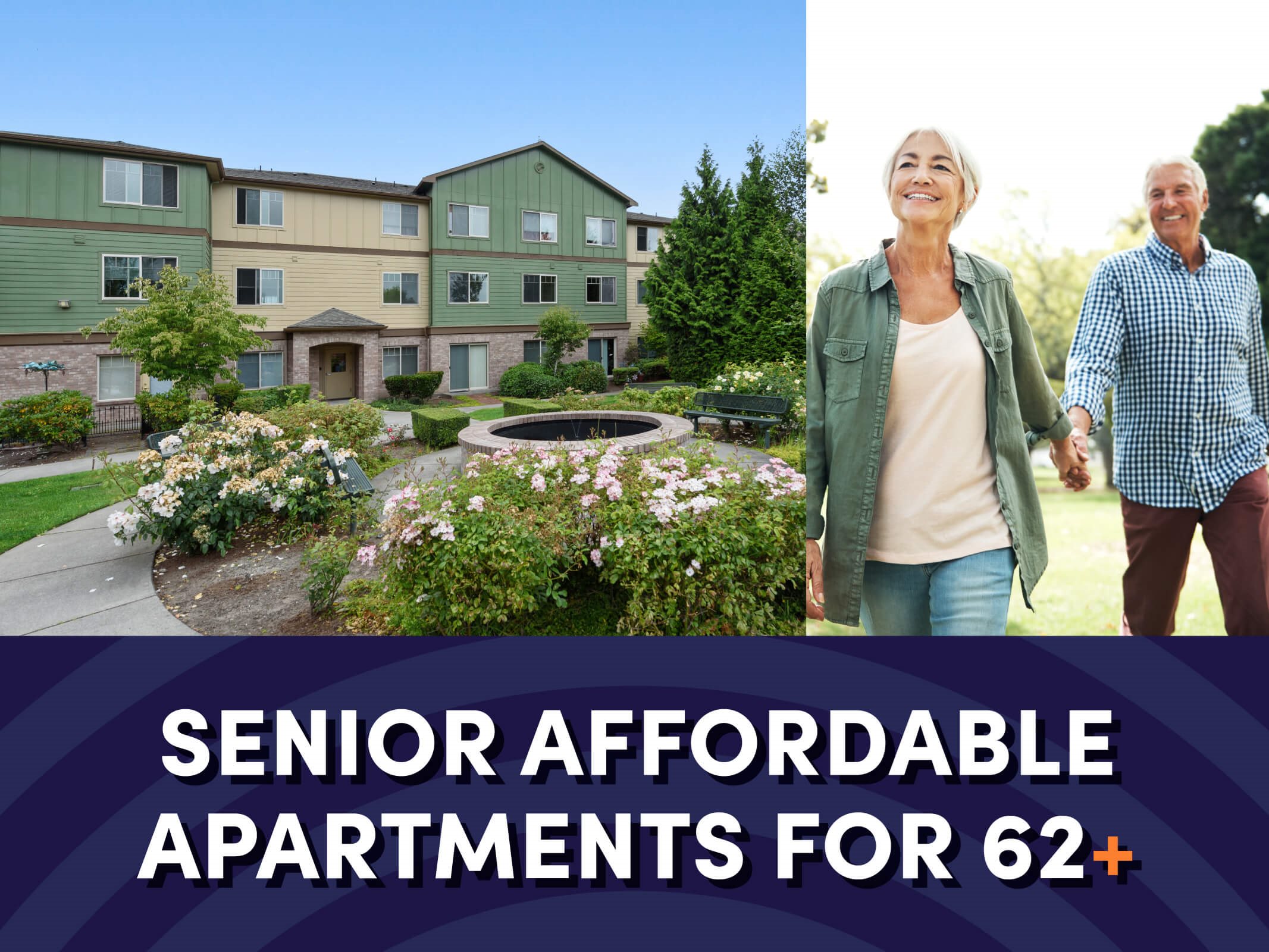 Senior Affordable Apartments photo showing community photo and couple walking together